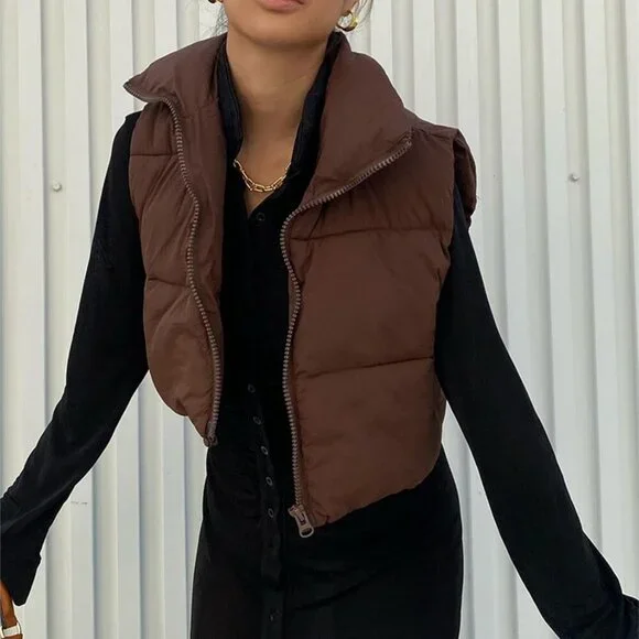 Women's Polyester Cropped Puffer Vest High Neck Zipper Sleeveless Outdoor - Picture 3 of 7